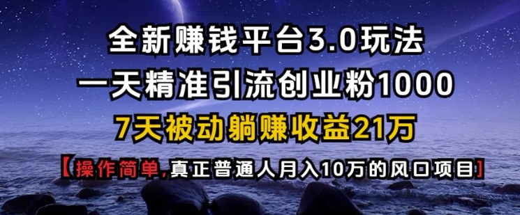 全新赚钱平台3.0玩法一天精准引流创业粉1000.7天被动躺Z收益21W【仅揭秘】-星禾网创星球