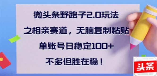 微头条野路子2.0玩法之相亲赛道，无脑搬砖复制粘贴，单账号日稳定300+...-星禾网创星球