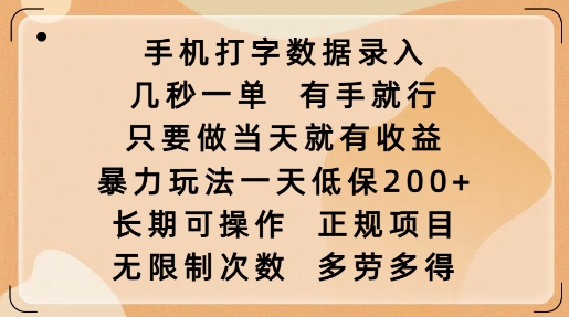 手机打字数据录入，几秒一单，有手就行，只要做当天就有收益，暴力玩法一天低保2张-星禾网创星球