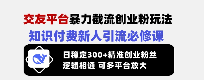 交友平台暴力截流创业粉玩法，知识付费新人引流必修课，日稳定300+精准创业粉丝，逻辑相通可多平台放大-星禾网创星球