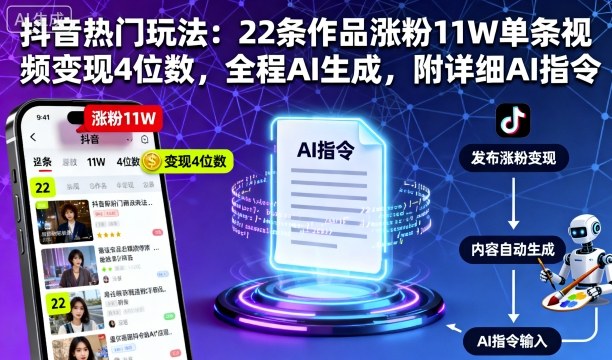 抖音热门玩法：22条作品涨粉11W单条视频变现4位数，全程AI生成，附详细AI指令-星禾网创星球
