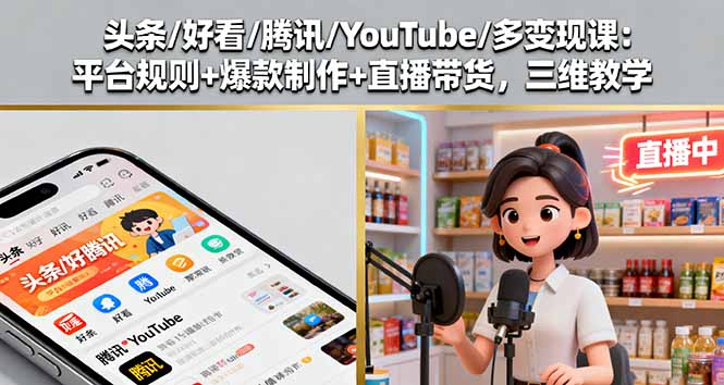 头条/好看/腾讯/YouTube/多变现课：平台规则+爆款制作+直播带货，三维教学-星禾网创星球