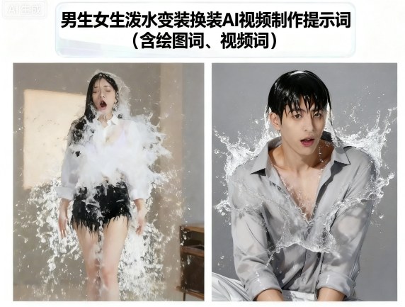 男生女生泼水变装换装AI视频制作提示词(含绘图词、视频词)-星禾网创星球