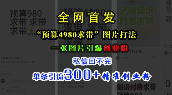 小红书“预算4980带我飞”图片打法，一张图片引爆创业粉，私信回不完，单条引流300+精准创业粉-星禾网创星球
