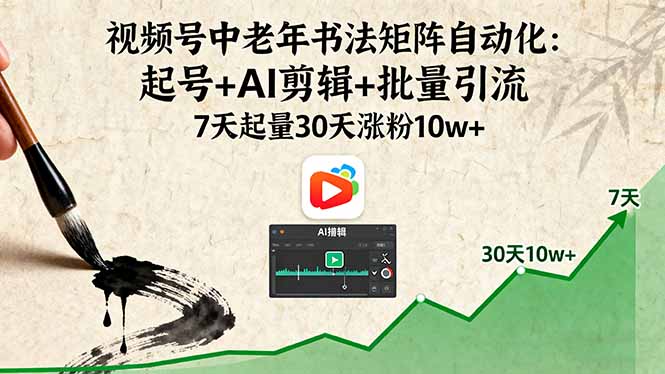 视频号中老年书法矩阵自动化：起号+AI剪辑+批量引流 7天起量30天涨粉10w+-星禾网创星球
