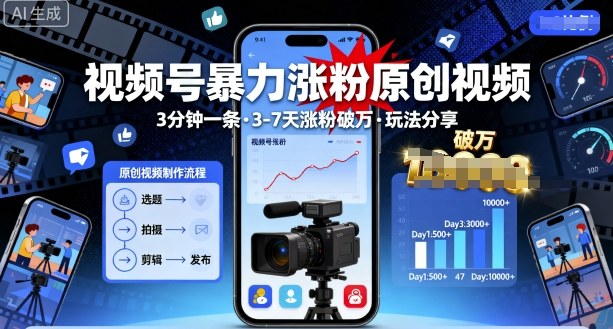 视频号暴力涨粉原创视频，3分钟一条原创视频，3-7天涨粉破万，玩法分享给你-星禾网创星球