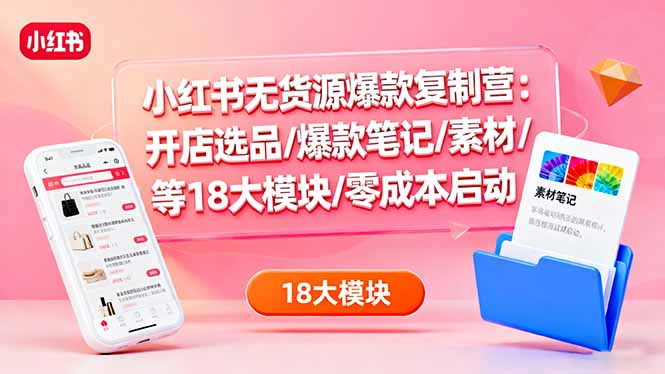 小红书无货源爆款复制营：开店选品/爆款笔记/素材/等18大模块/零成本启动-星禾网创星球