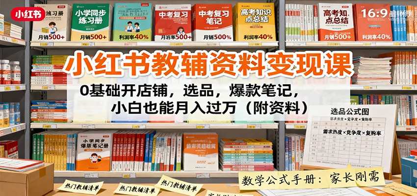 小红书教辅资料变现课：0基础开店铺，选品，爆款笔记，小白也能月入过万(附资料)-星禾网创星球