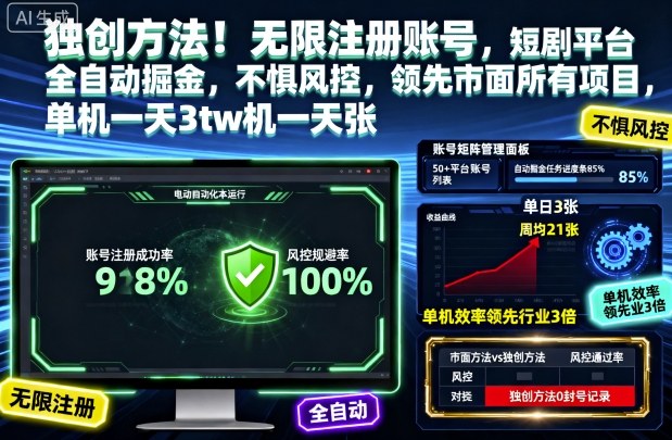 独创方法!无限注册账号,短剧平台全自动掘金,不惧风控,领先市面所有项目,单机一天3张【揭秘】-星禾网创星球